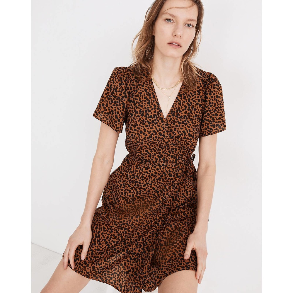 Madewell Wrap Dress XXS Leopard Print Brown Flutter Short Sleeve Mini